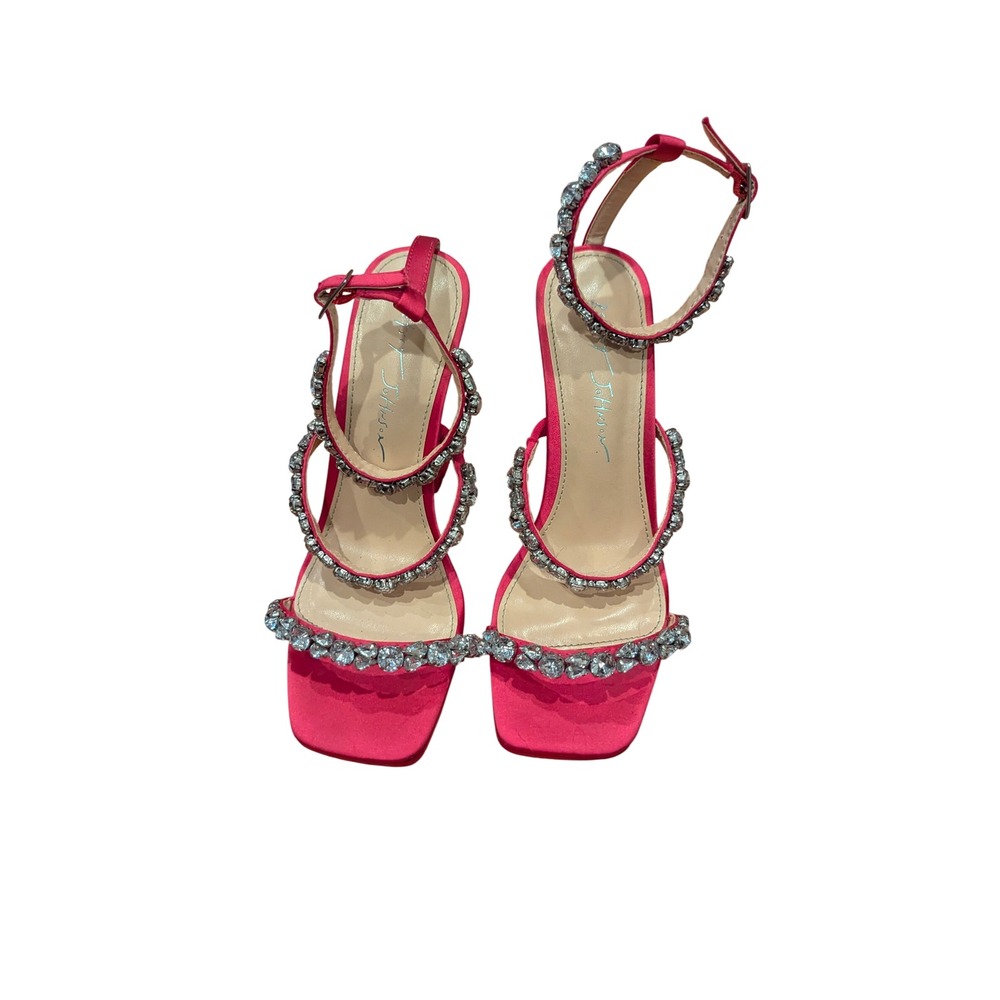 Betsey Johnson Perry Sandals 6.5 Hot Pink Rhinestone Flared Heel Square Toe Glam